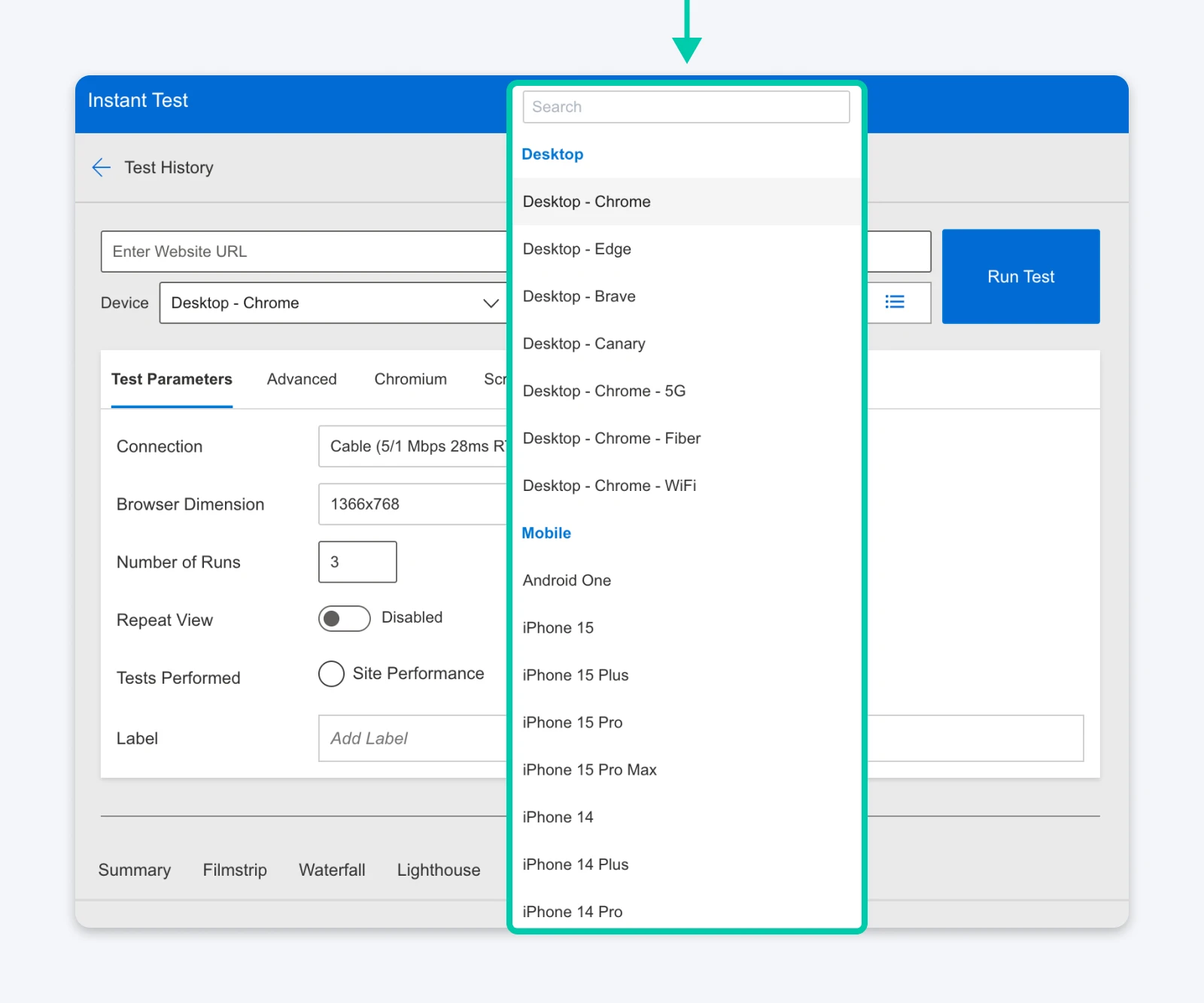 Device dropdown showing desktop and mobile browser options for performance testing.