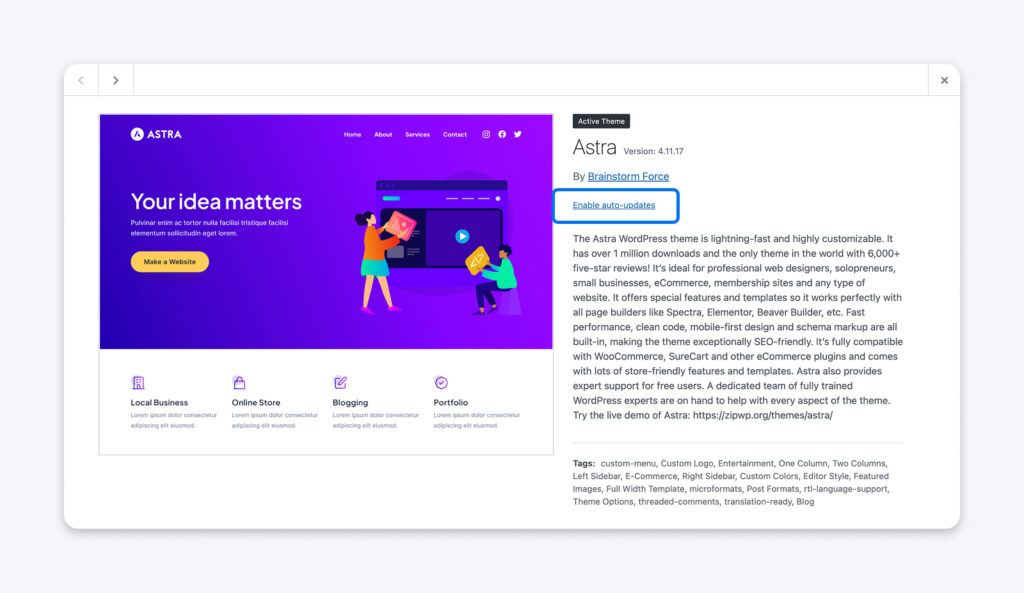 Panel de detalles del tema Astra en WordPress que muestra la vista previa del tema activo, la información de la versión y el botón Habilitar actualizaciones automáticas.