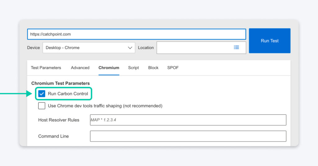 Configuración de Chromium con la opción ‘Run Carbon Control’ activada en una configuración de prueba de rendimiento.
