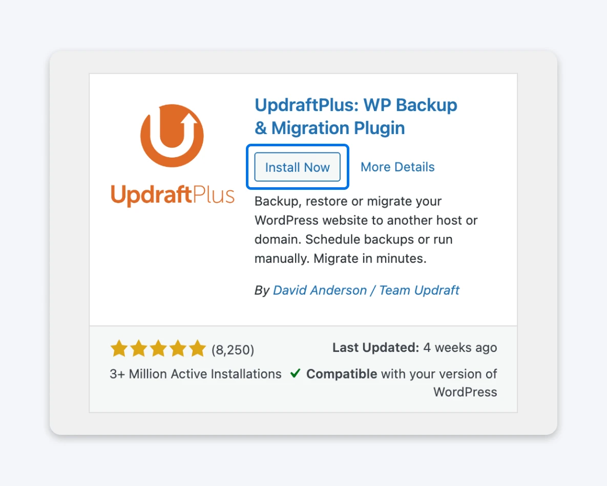 WordPress plugin directory card for UpdraftPlus showing the plugin name, description, star rating, active installations, and an “Install Now” button.