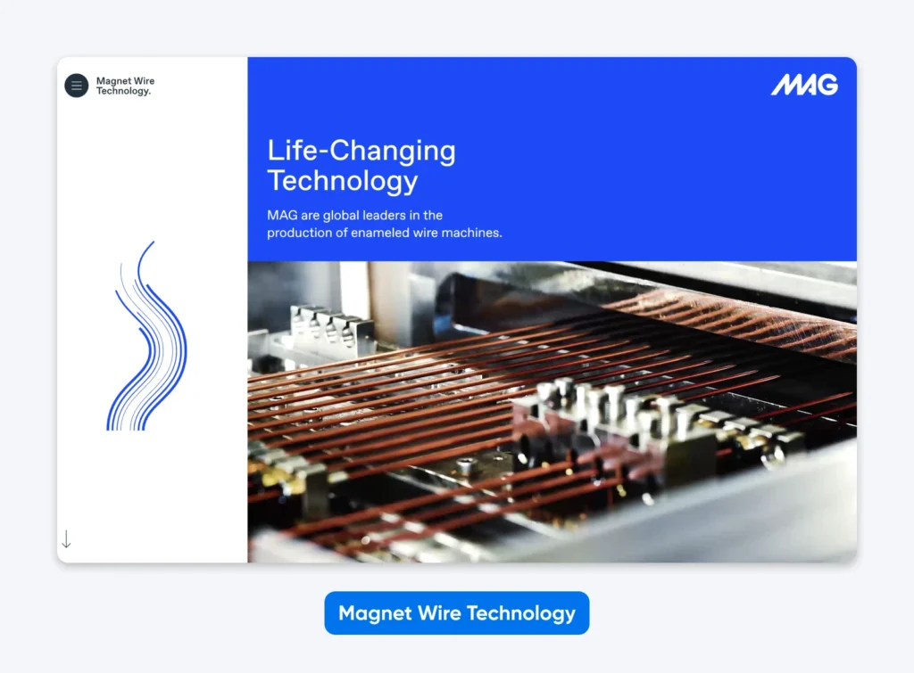Homepage with bold blue banner, headline about enameled wire machines, industrial wire photo, and left-side vertical navigation.
