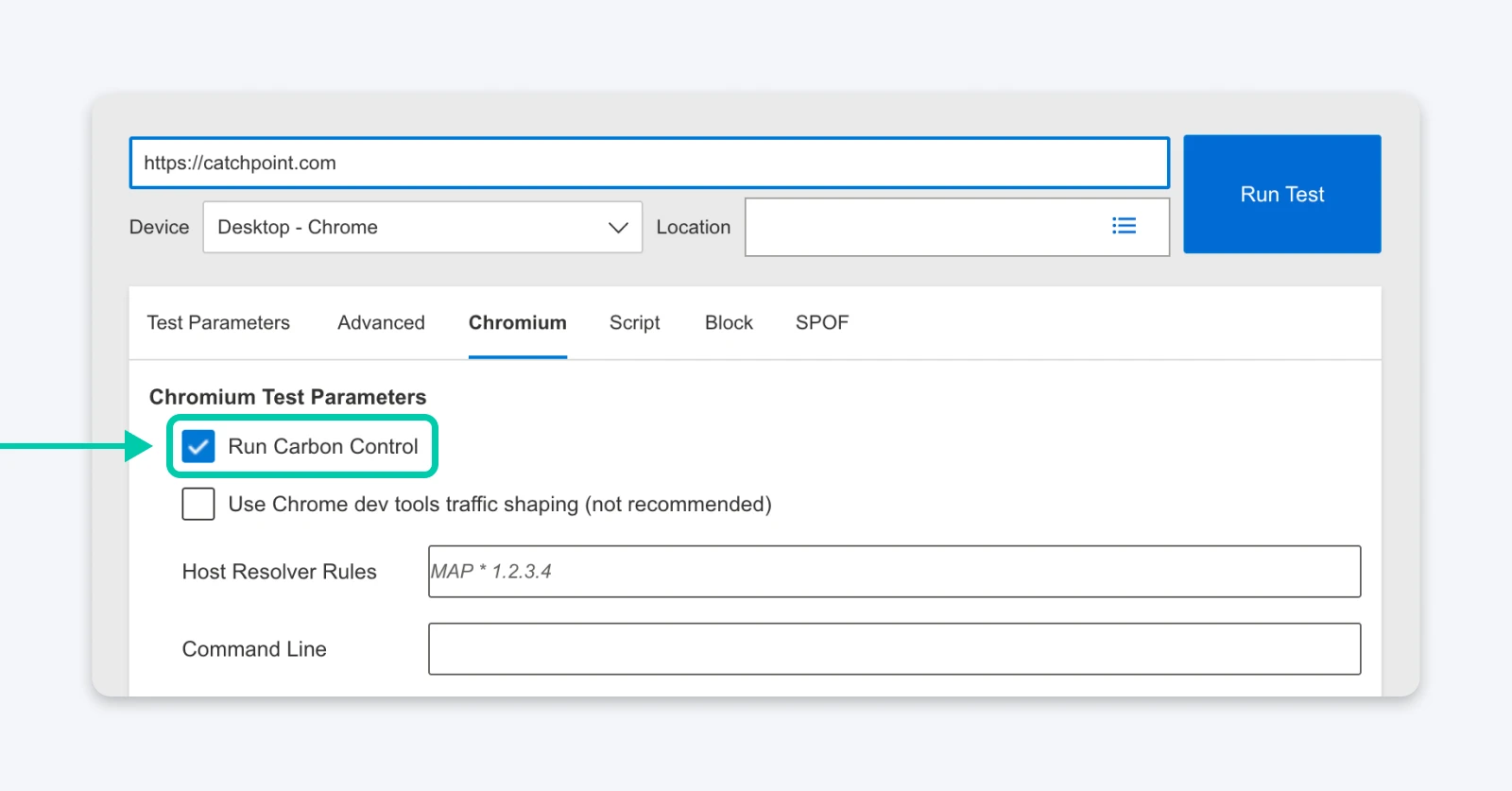 Chromium settings with “Run Carbon Control” enabled in a performance test configuration.