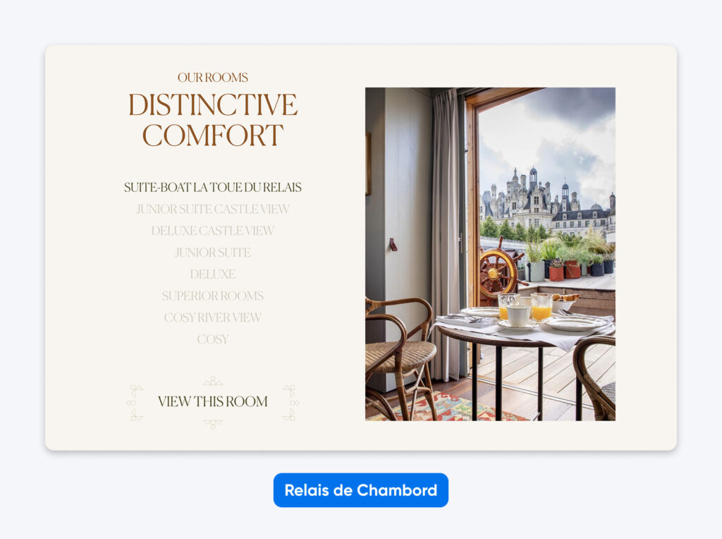 Lista de opciones de habitaciones a la izquierda con una tipografía serif elegante y, a la derecha, una foto de una mesa de desayuno en el balcón con vista a un castillo.