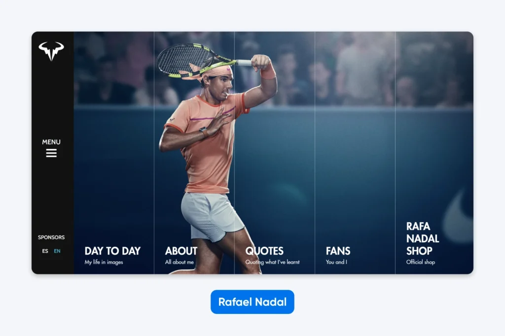 Full-screen layout featuring Rafael Nadal mid-swing, vertical navigation sections, and sidebar menu with logo and language toggle.