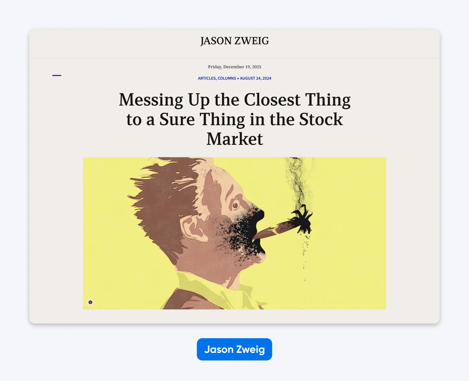 Article page with headline in bold serif font, publication date, and illustration of a man exploding from a cigar blast.