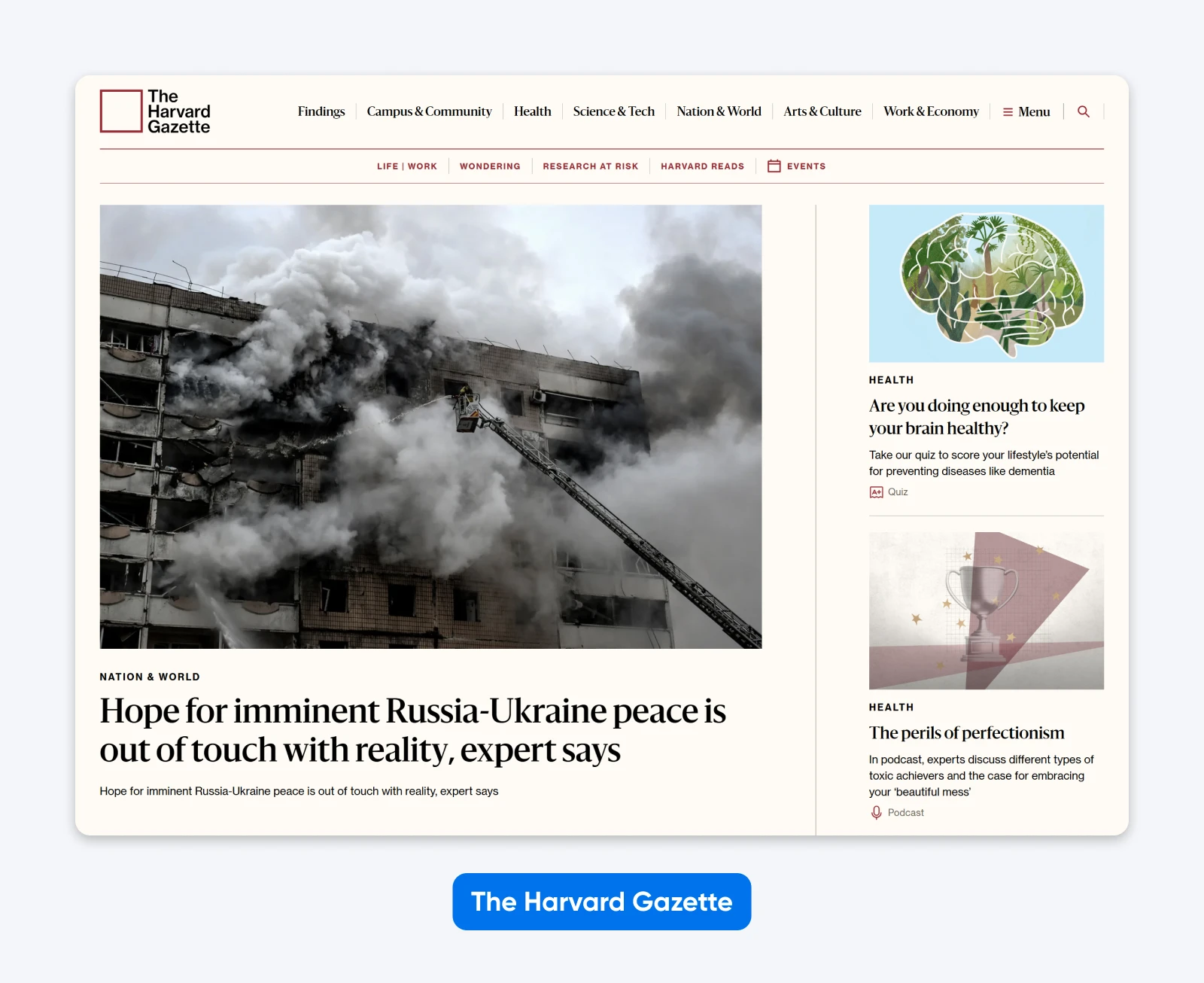 News homepage with headline on Russia-Ukraine conflict, large smoke-filled building photo, and sidebar with health articles.
