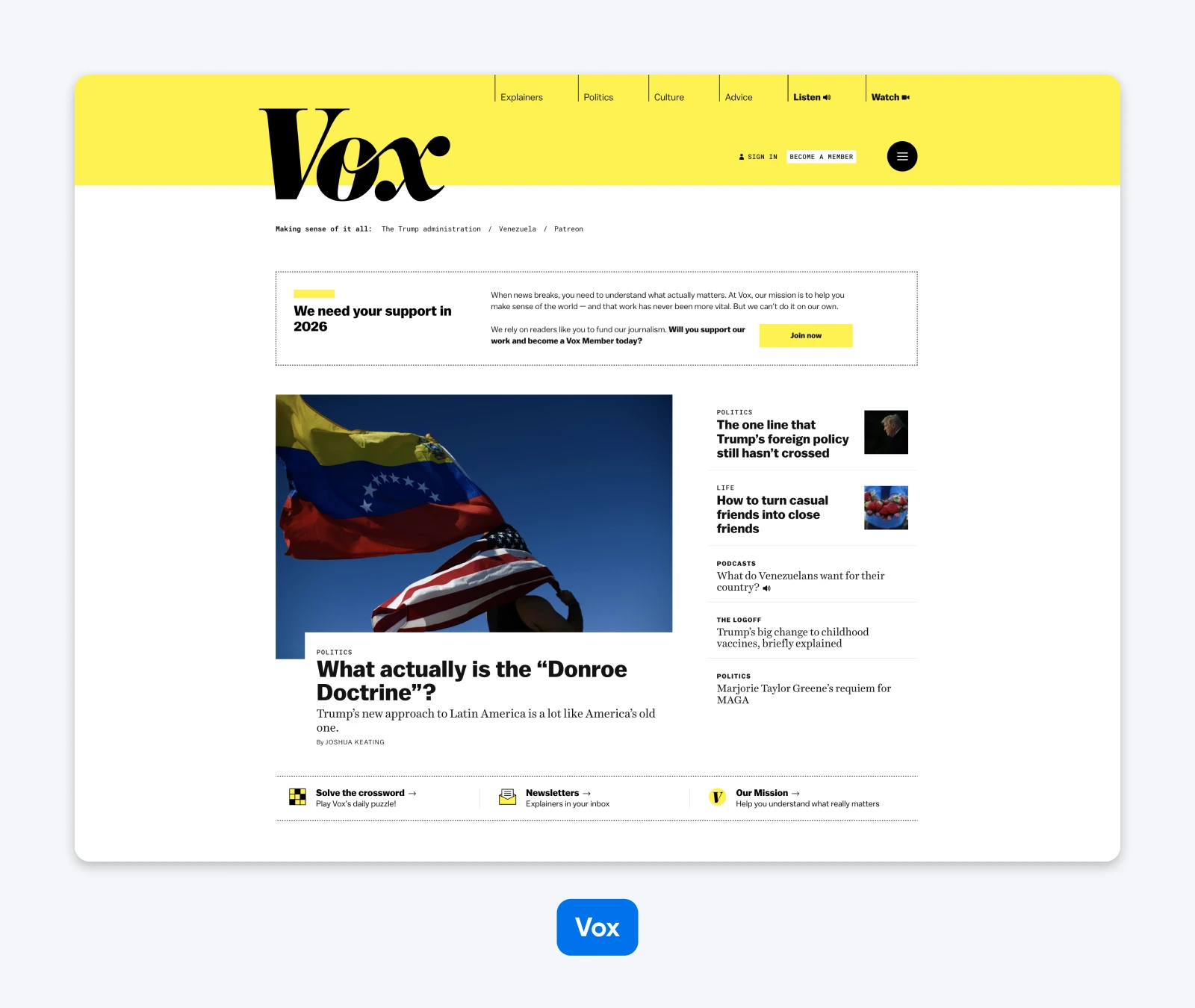 News article layout with headline on Donroe Doctrine, photo of overlapping Venezuelan and U.S. flags, and sidebar links.