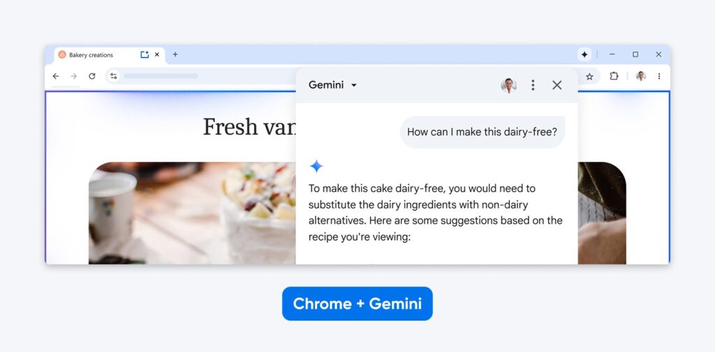 Captura de pantalla de Chrome que muestra una publicación del blog de Google sobre IA y estafas, con el panel del asistente Gemini abierto para ayuda y exploración de la página.