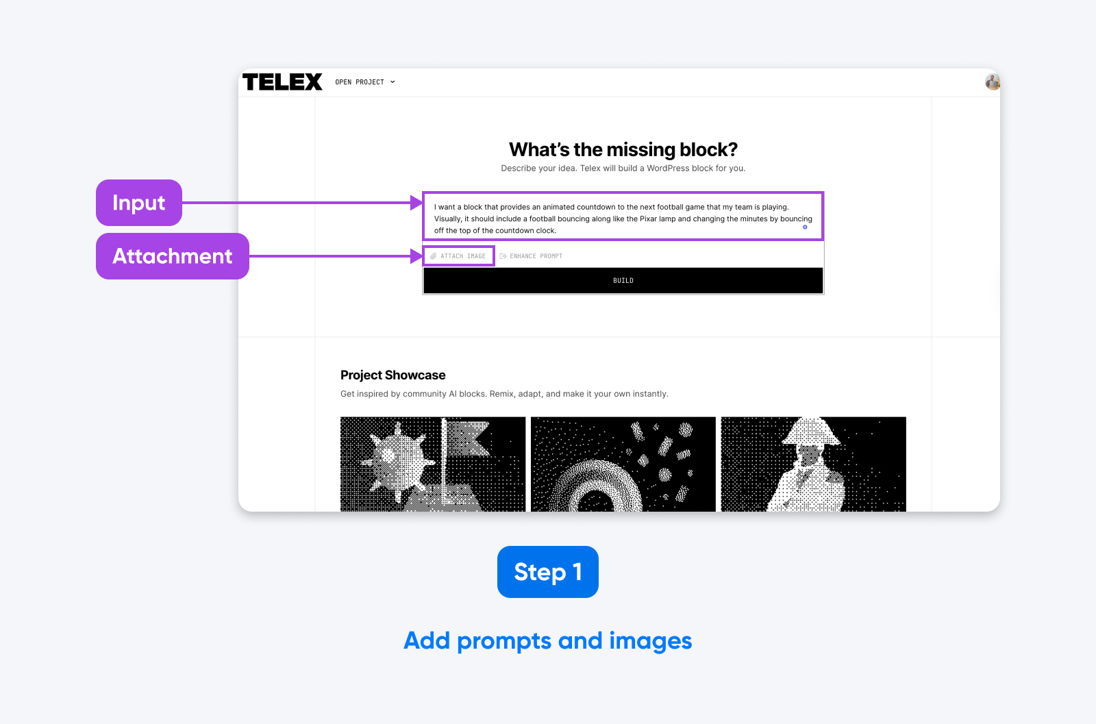 Screenshot of Telex interface with labeled input and image attachment fields, showing step 1: Add prompts and images.