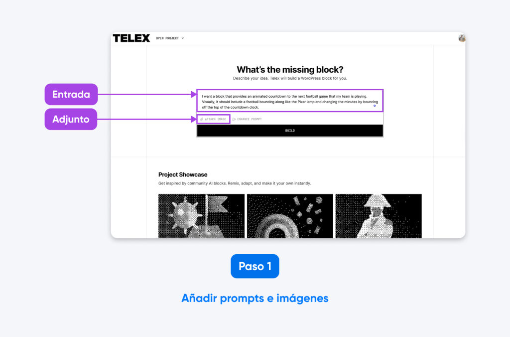Captura de pantalla de la interfaz de Telex con los campos de entrada y adjunto de imagen etiquetados, mostrando el paso 1: Añadir prompts e imágenes.
