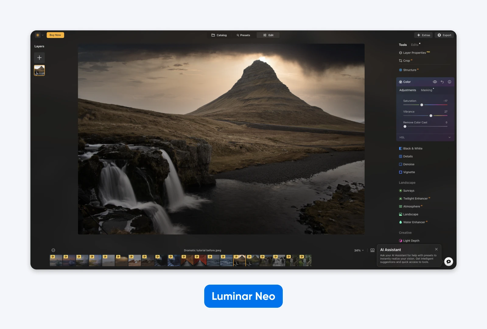 Luminar Neo photo editor interface with a mountain and waterfall image open, showing adjustment tools like saturation, vibrance, and AI Assistant in the sidebar.
