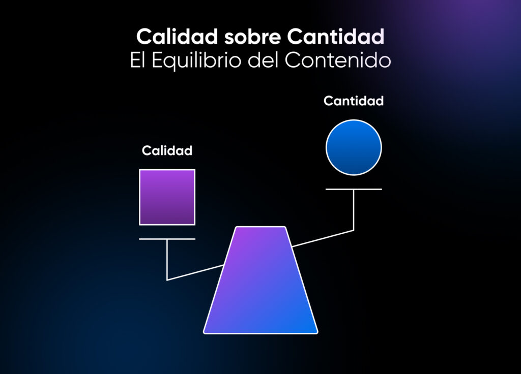 Ilustración de una balanza inclinada que favorece la calidad sobre la cantidad en la estrategia de contenido.