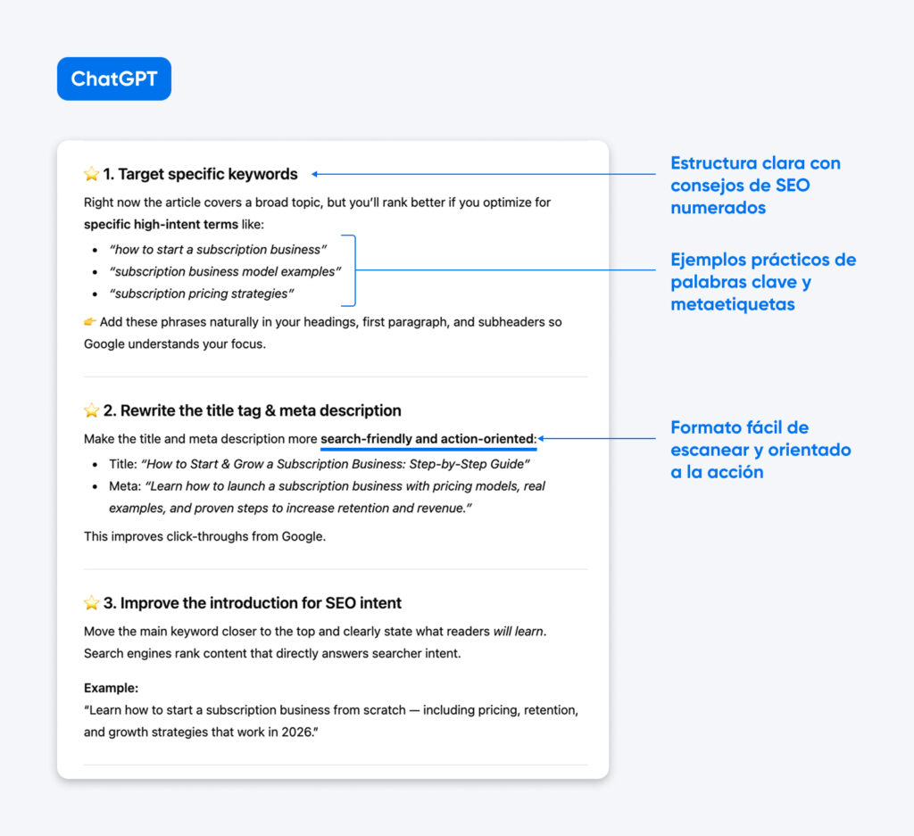 Cuadro de consejos de SEO de ChatGPT con tres sugerencias numeradas y llamadas azules que destacan la estructura, los ejemplos y el formato.