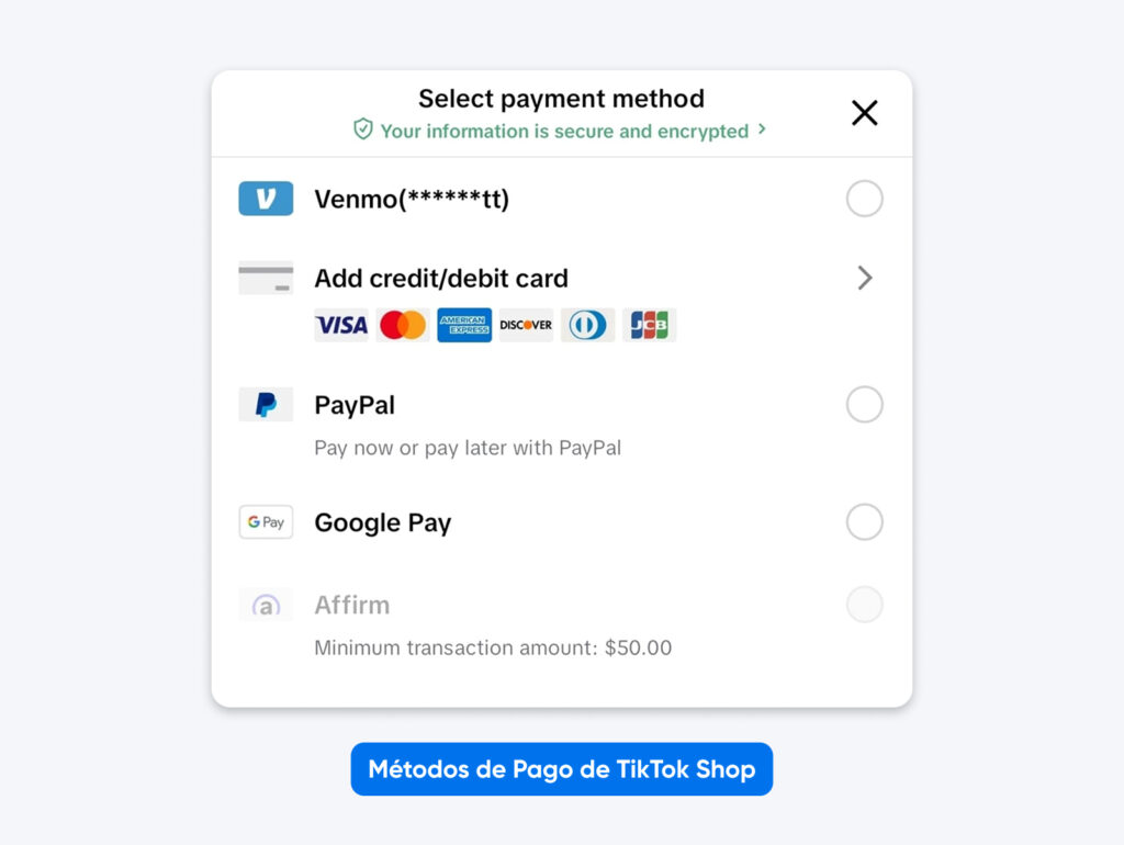 Opciones de métodos de pago de TikTok Shop, que incluyen Venmo, tarjeta de crédito/débito, PayPal, Google Pay y Affirm.