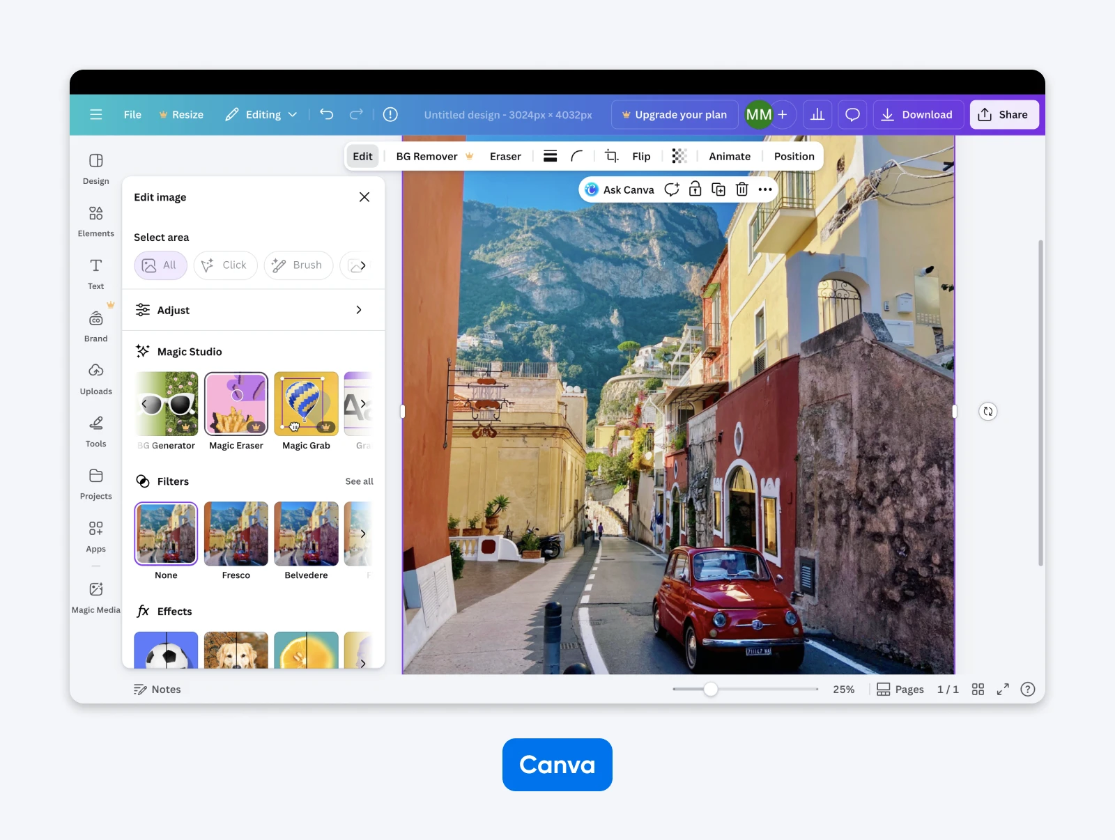 Canva editor open with a photo of a narrow street in Positano, Italy; left panel shows Magic Studio tools like Magic Eraser and filters like Fresco and Belvedere.