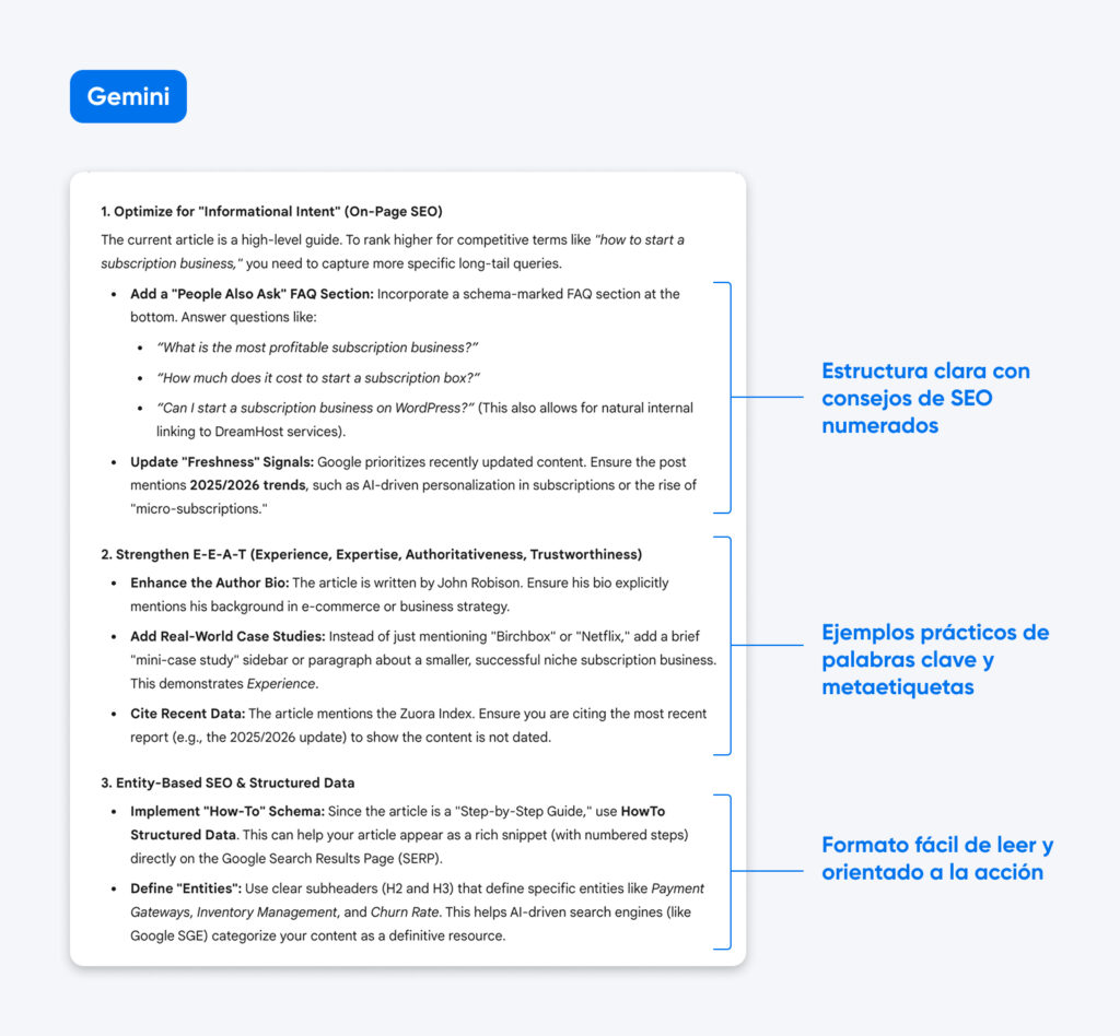 Cuadro de consejos de SEO de Gemini con guía sobre schema, E-E-A-T y datos estructurados, además de llamadas azules que muestran conciencia de las tendencias y profundidad técnica.