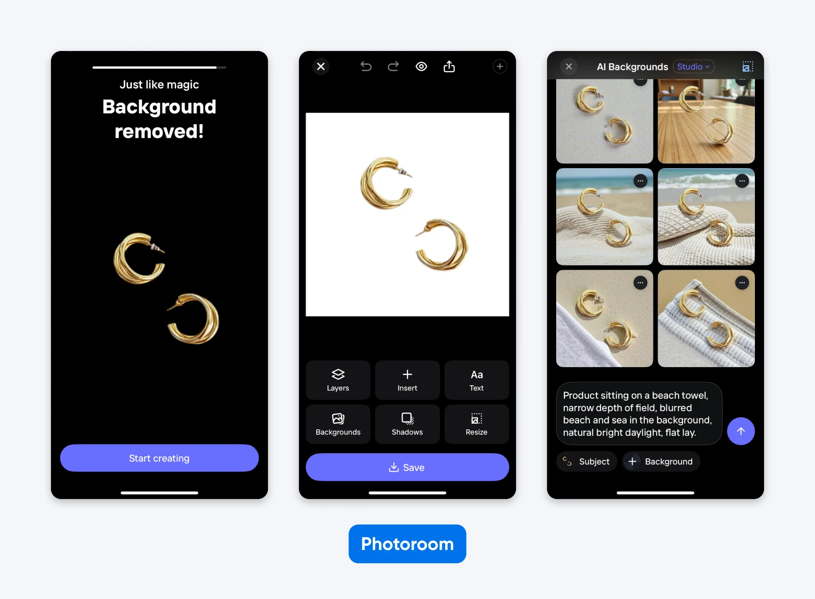 Photoroom mobile interface showing background removal and AI-generated product scenes for gold earrings; editing tools include backgrounds, shadows, and text.