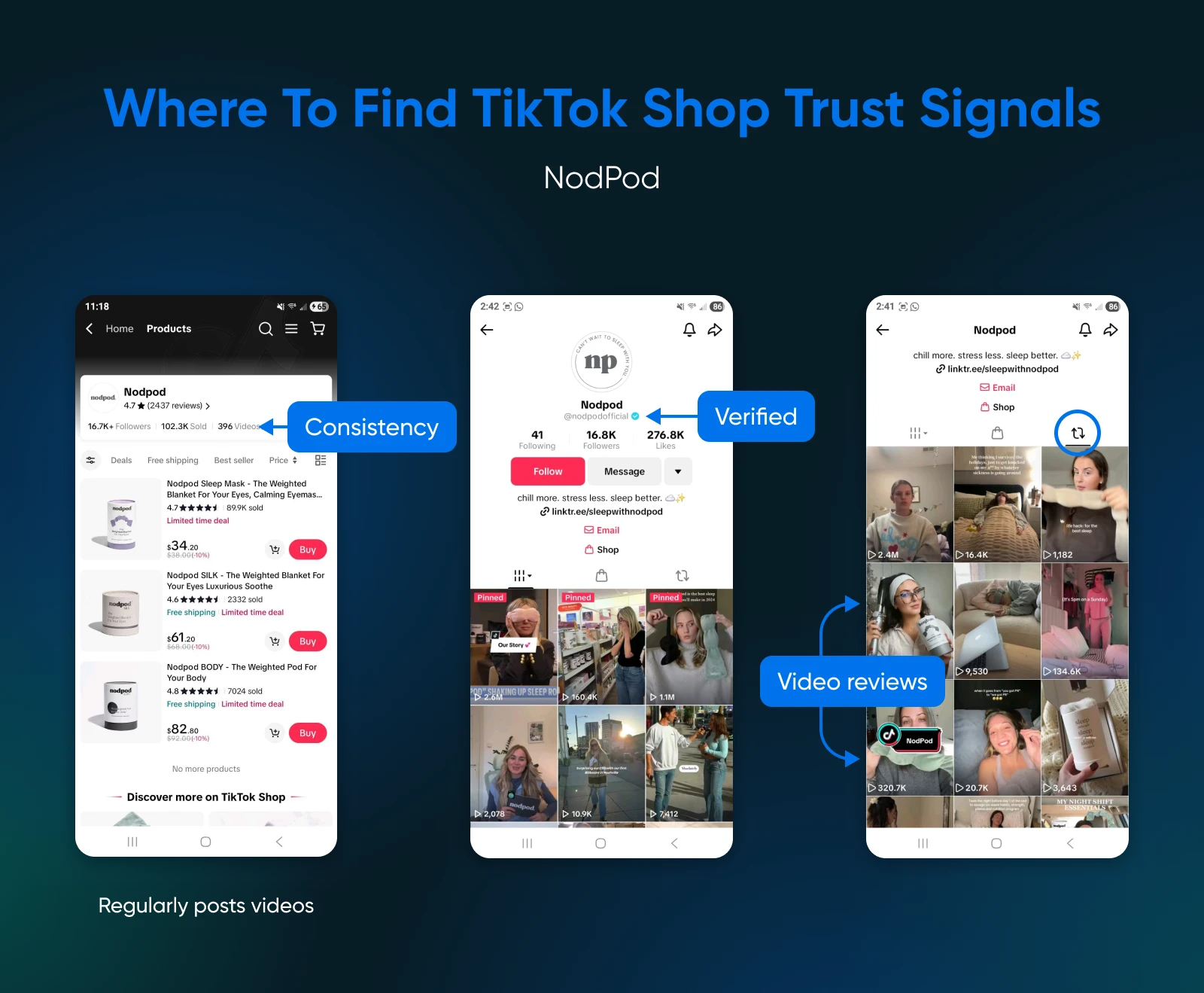 TikTok Shop trust signals for NodPod shown through consistent branding, verified account, and customer video reviews.