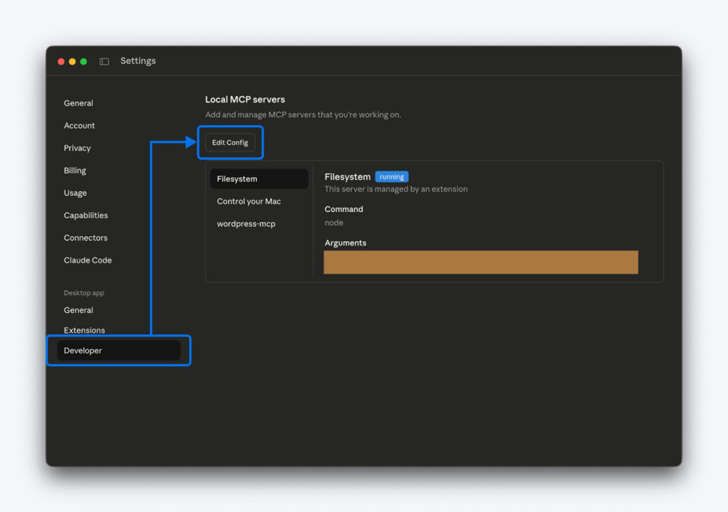 Panel de configuración para gestionar servidores MCP locales, con una flecha señalando la pestaña “Developer” y otra apuntando al botón “Edit Config”, destacando un servidor de sistema de archivos en ejecución.