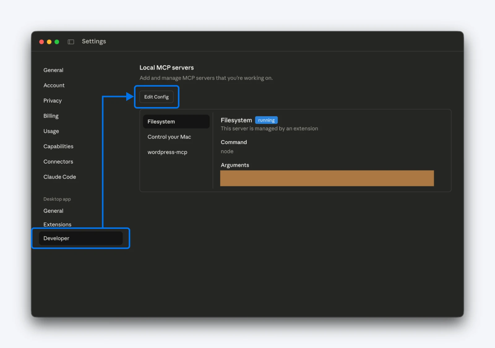 Settings panel for managing local MCP servers with an arrow pointing to the “Developer” tab and another to the “Edit Config” button, highlighting a running filesystem server.
