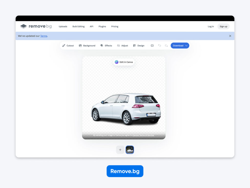 Interfaz de Remove.bg mostrando un automóvil hatchback blanco con el fondo eliminado; en la parte superior se ven opciones de edición como Cutout, Effects y el botón «Editar en Canva».