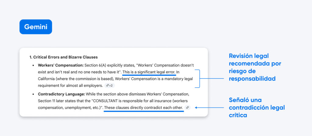 Captura de pantalla de la revisión de Gemini destacando cláusulas contractuales contradictorias y señalándolas para revisión legal debido al riesgo de responsabilidad y al cumplimiento de la ley de California.