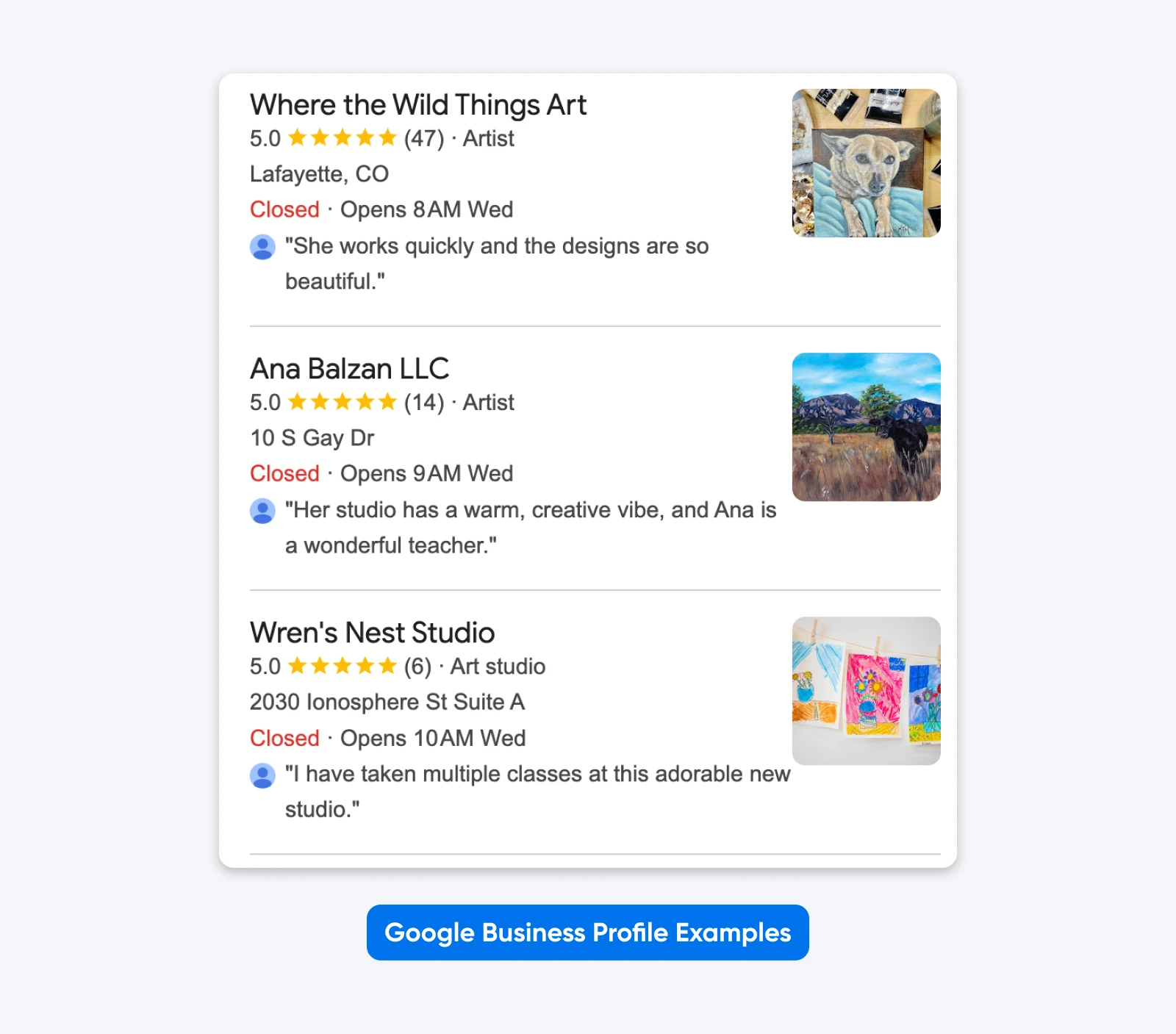 Three Google Business Profile listings for art studios, each showing ratings, hours, and a review snippet.