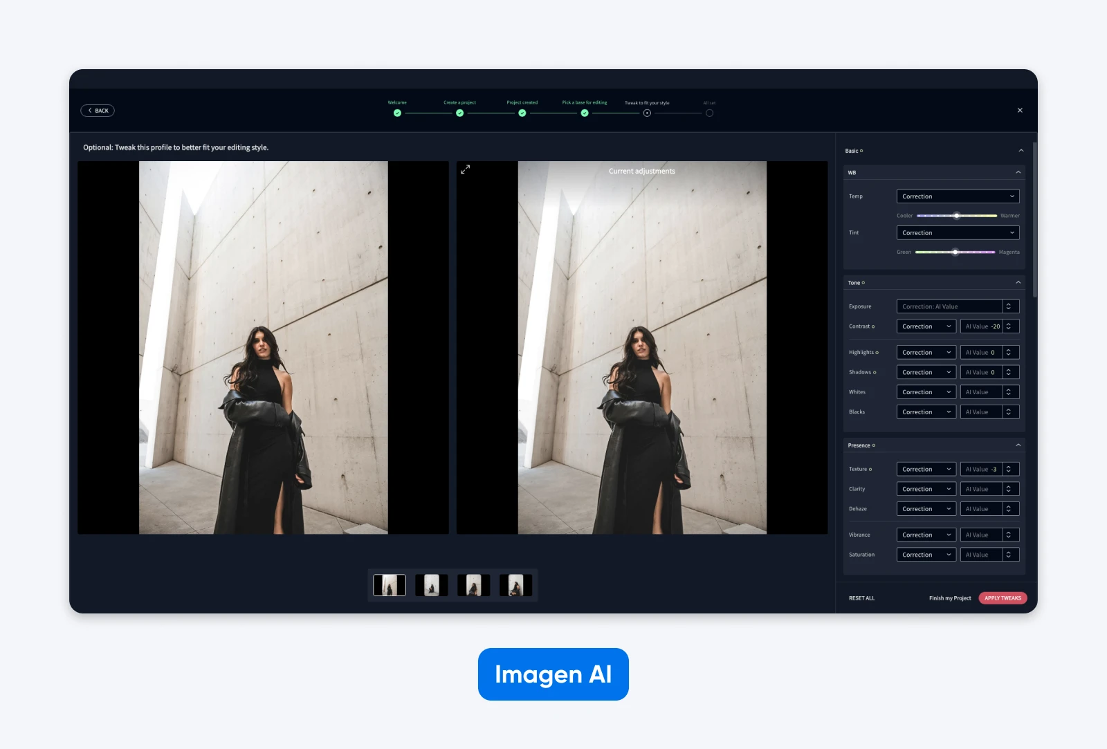 Imagen AI interface with side-by-side image comparison of a woman in a black outfit against a modern concrete backdrop; right side shows AI-adjusted settings for tone and presence.