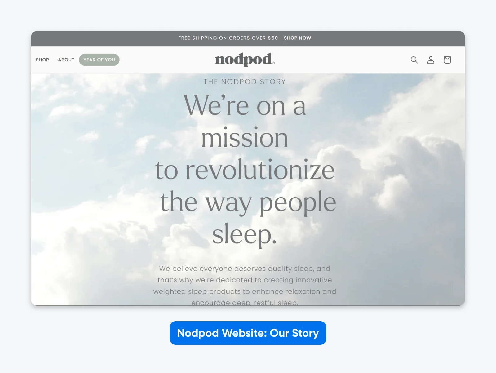 Nodpod website banner showing mission statement to revolutionize sleep, with soft cloud background and minimalist navigation.