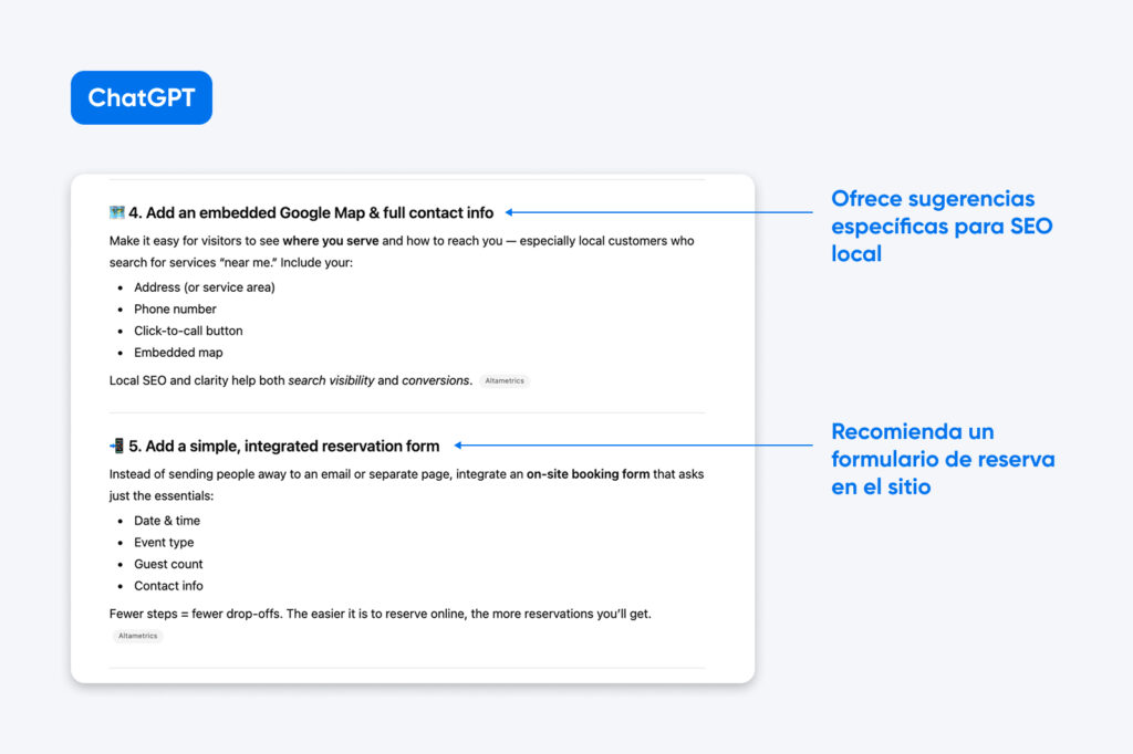 Captura de pantalla que muestra los consejos de SEO local de ChatGPT (mapa, información de contacto) y un formulario de reserva sencillo en el sitio para mejorar la visibilidad y aumentar las conversiones de reservas.