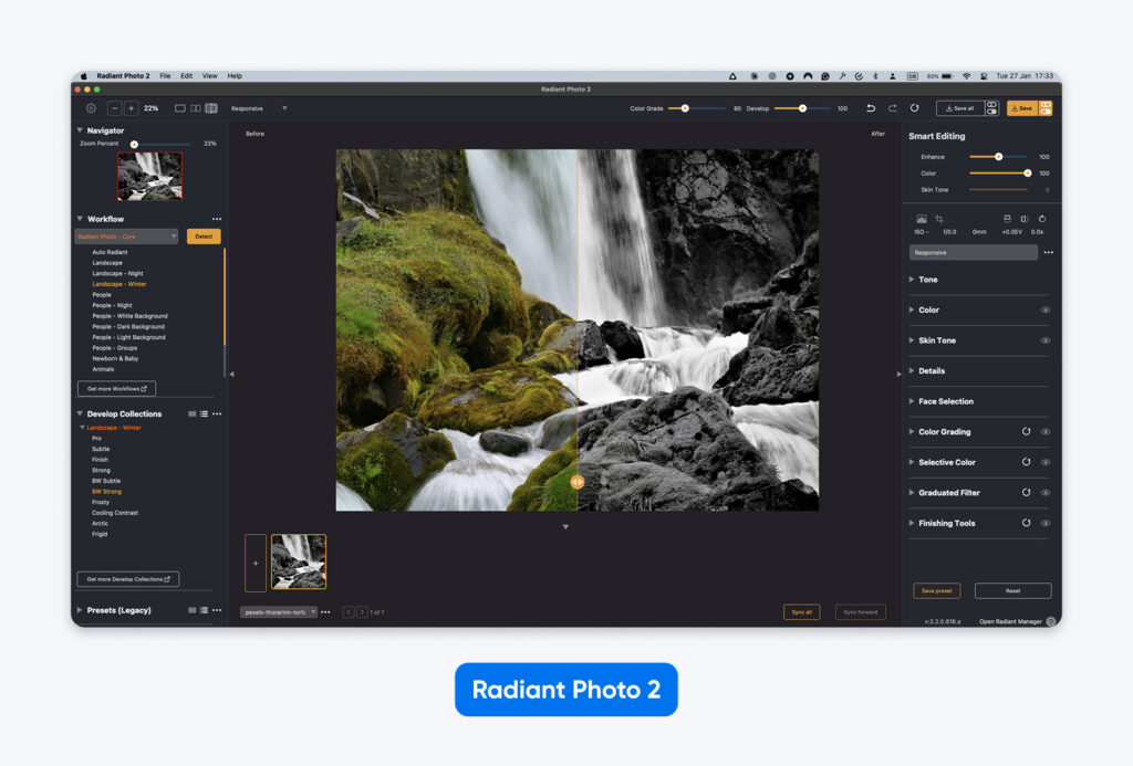 Interfaz de Radiant Photo 2 con una vista dividida de una foto de una cascada: lado izquierdo en color y lado derecho en blanco y negro. Se muestran herramientas de edición y ajustes preestablecidos.