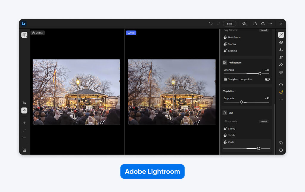Interfaz de Adobe Lightroom mostrando una foto comparativa de antes y después, lado a lado, de una escena invernal con una multitud, con mejoras en la iluminación y los ajustes de detalle.