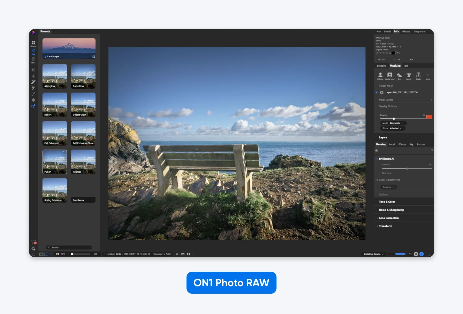 ON1 Photo RAW interface showing landscape photo editing tools applied to an image of a bench overlooking the ocean.