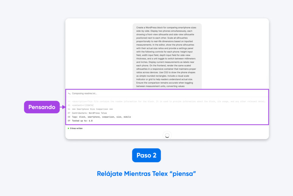 Interfaz de Telex mostrando el Paso 2, con un prompt y una vista previa del código mientras la plataforma genera un bloque de WordPress.