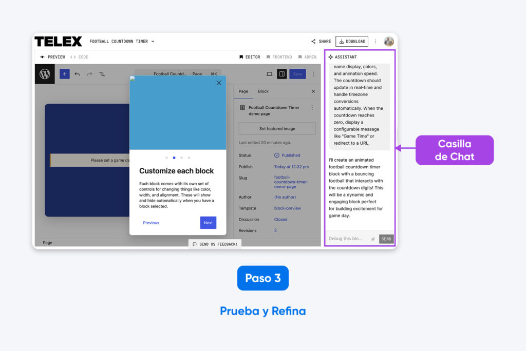 Captura de pantalla de la interfaz de Telex mostrando el Paso 3 con un cuadro de chat de asistente activo y el recorrido de personalización para un temporizador de cuenta regresiva de fútbol.