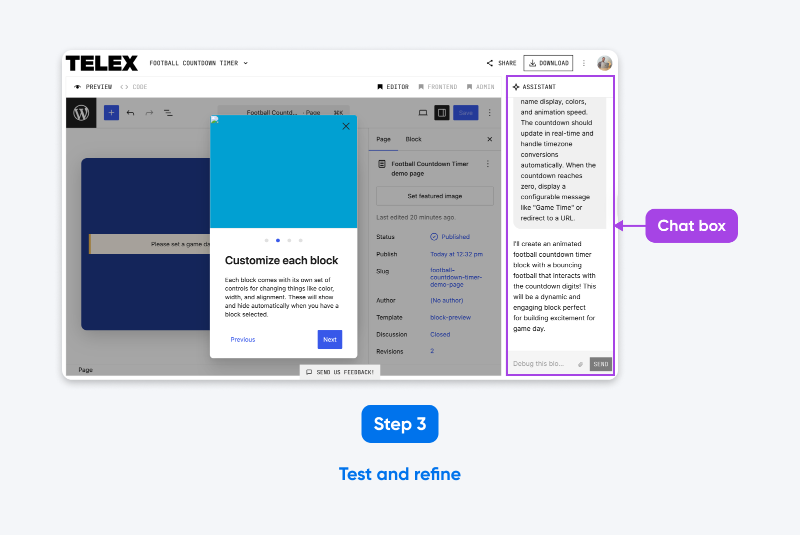 Telex interface showing Step 3 with an active assistant chat box and customization walkthrough for a football countdown timer.