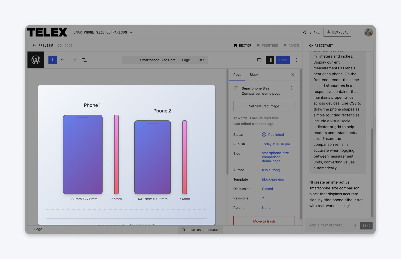 Smartphone comparison block preview showing two phone silhouettes labeled Phone 1 and Phone 2, with dimensions and vertical bars representing thickness.