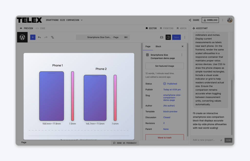 Vista previa de un bloque de comparación de smartphones que muestra dos siluetas de teléfonos etiquetadas como Phone 1 y Phone 2, con dimensiones y barras verticales que representan el grosor.