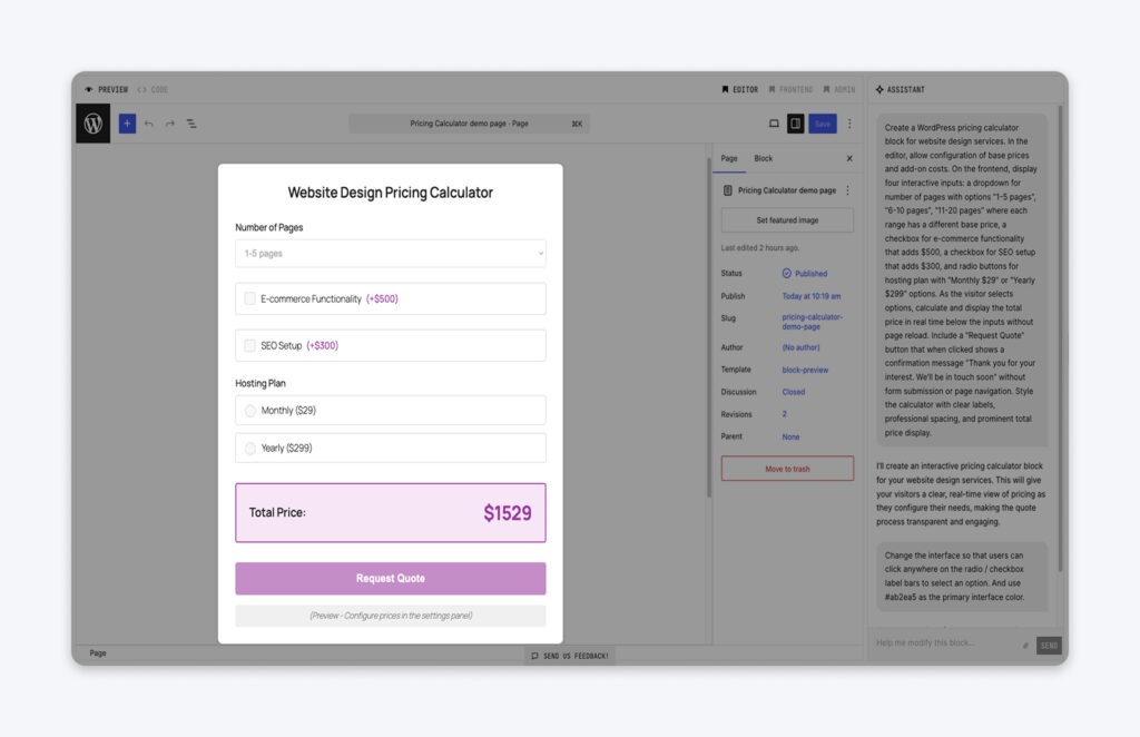 Vista previa de un bloque de calculadora de precios con menús desplegables, casillas de verificación, botones de opción y el precio total mostrado en color morado.