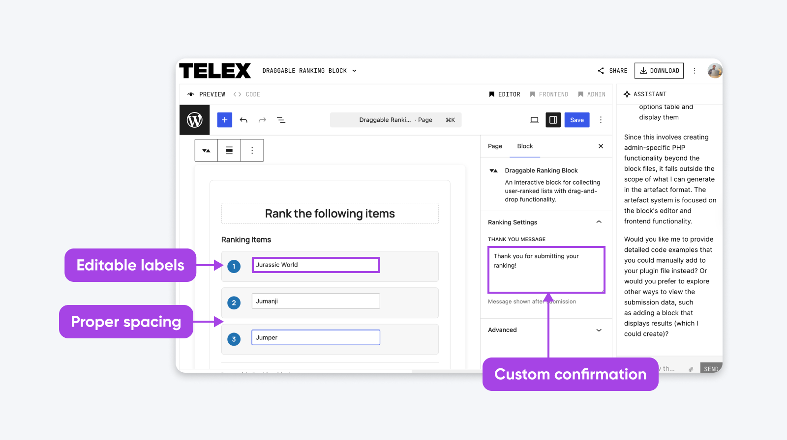 Draggable ranking block interface with editable item labels, proper input spacing, and custom confirmation message field.