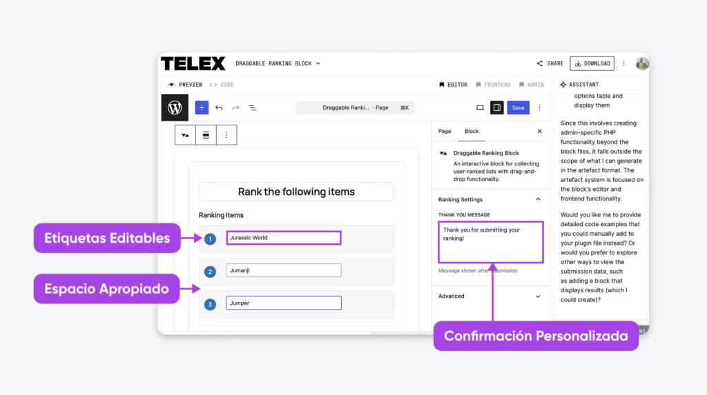 Interfaz de bloque de ranking con función de arrastrar y soltar, etiquetas de elementos editables, espaciado adecuado en los campos de entrada y un campo personalizado para el mensaje de confirmación.