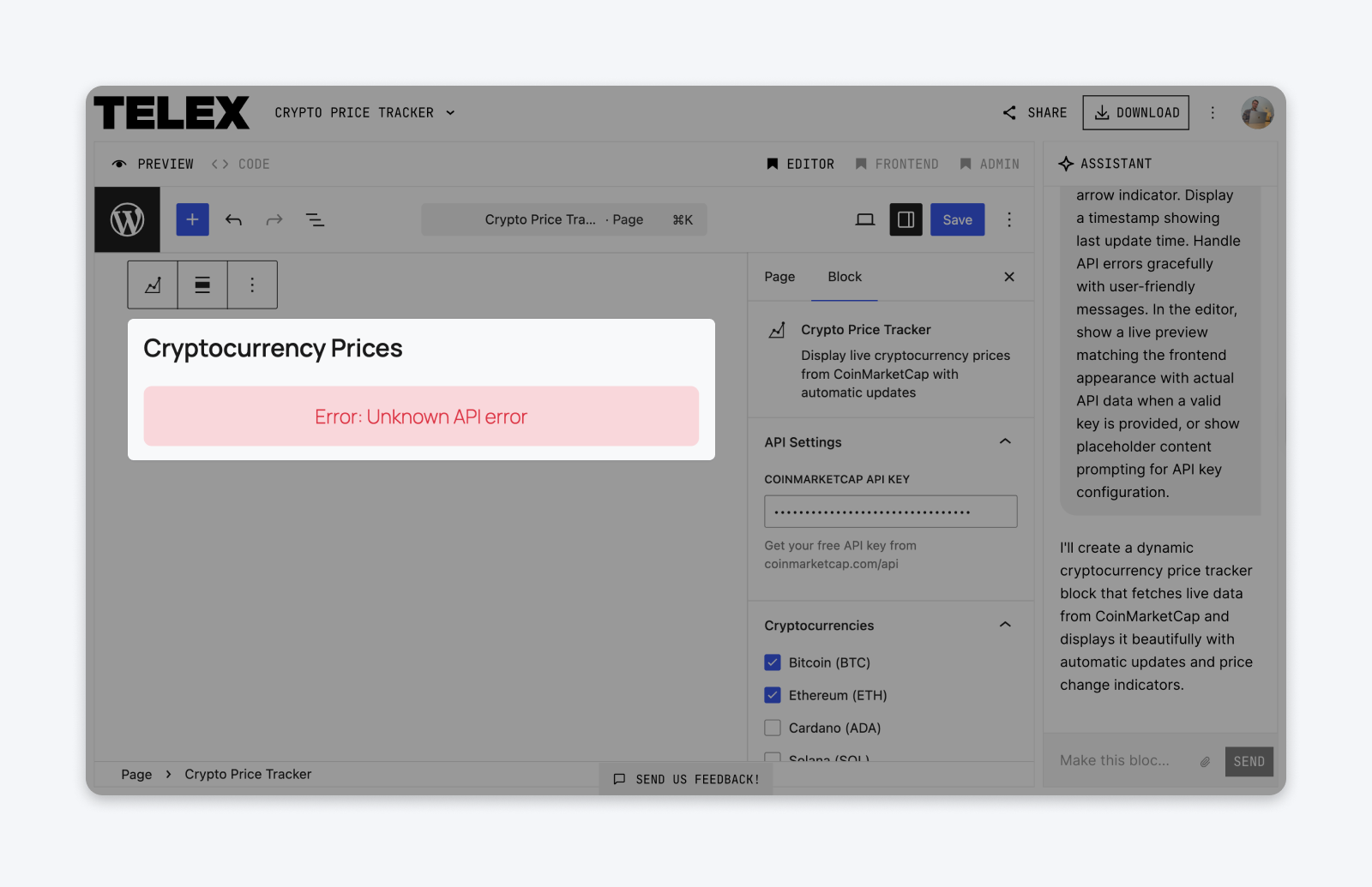 WordPress block editor showing a cryptocurrency price tracker error message with a red banner stating "Error: Unknown API error" due to missing or invalid CoinMarketCap API key.