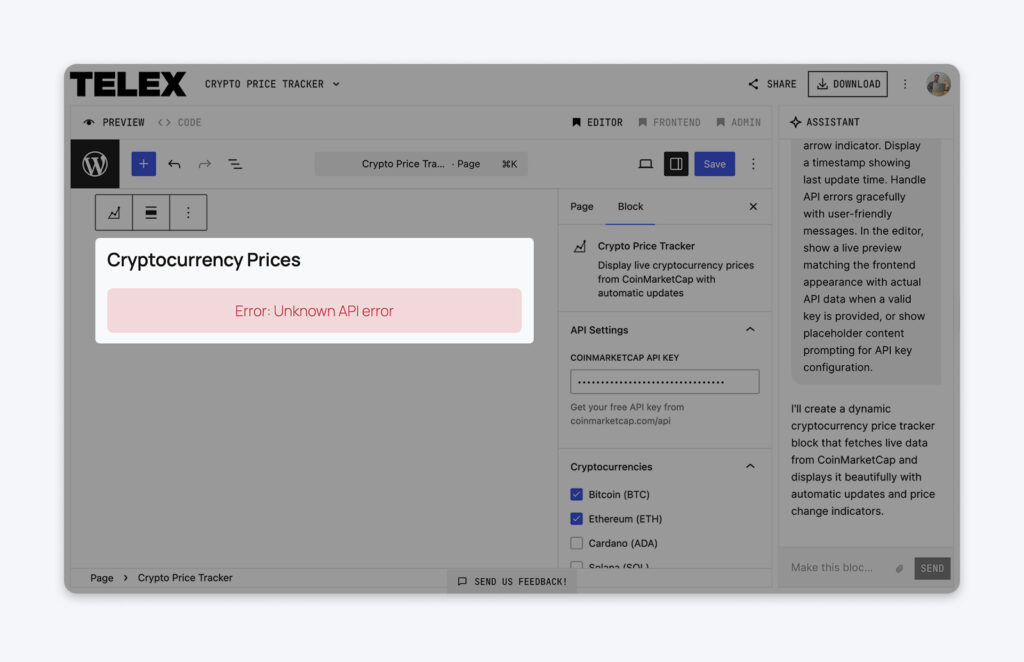 Editor de bloques de WordPress mostrando un mensaje de error del rastreador de precios de criptomonedas con un banner rojo que indica “Error: Error de API desconocido” debido a una clave de API de CoinMarketCap faltante o inválida.