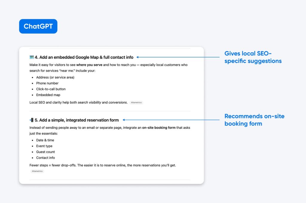 Screenshot showing ChatGPT’s local SEO tips (map, contact info) and a simple on-site booking form to boost visibility and increase reservation conversions.