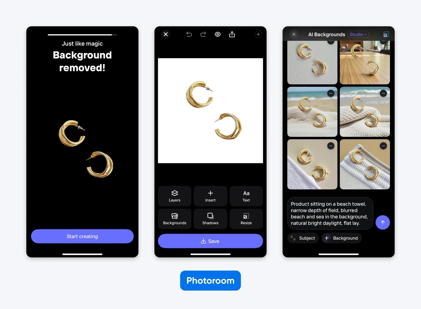 Three mobile screenshots showing Photoroom app workflow: background removal, editing tools, and AI background suggestions for product photography.