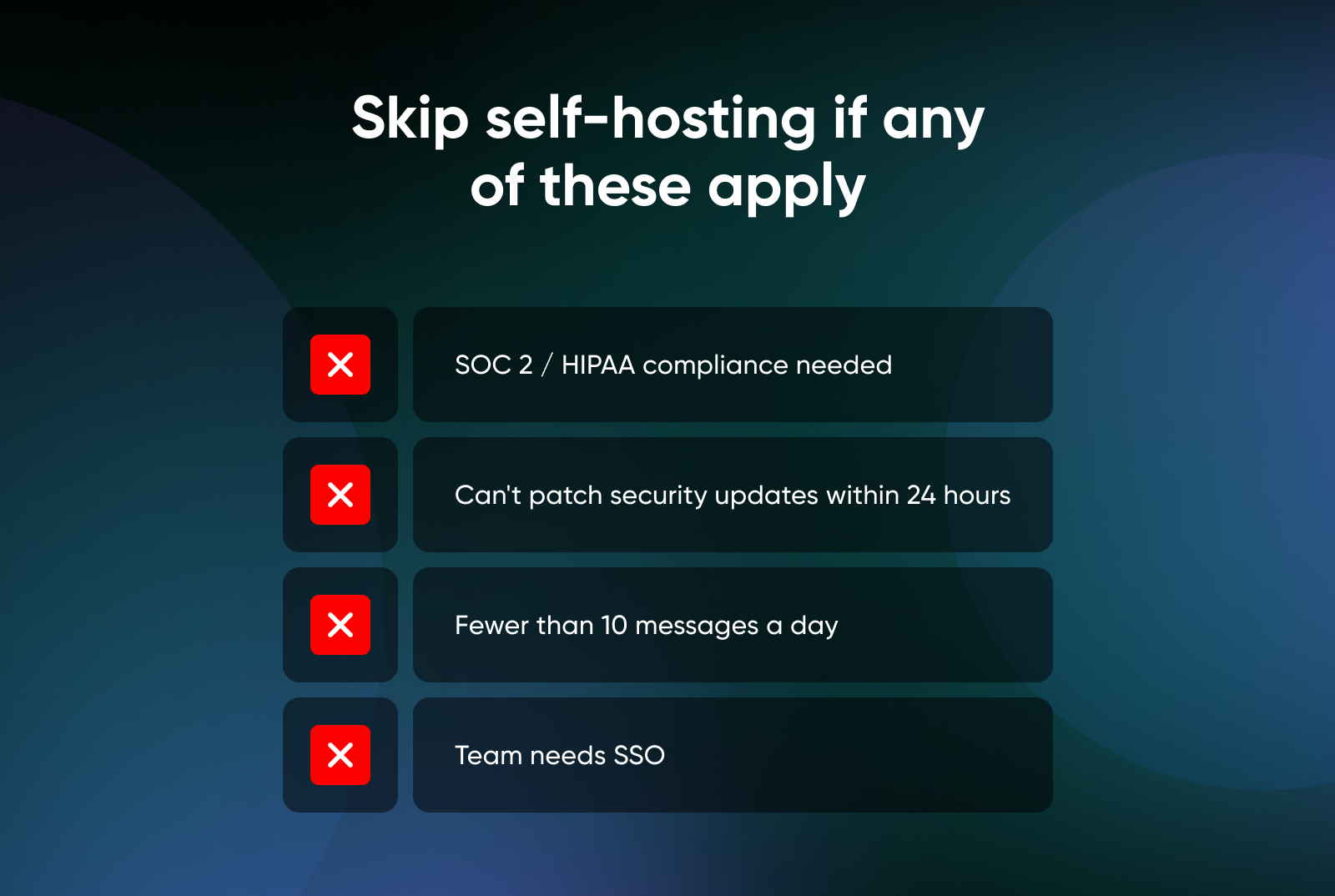 List of reasons to avoid self-hosting: SOC 2 or HIPAA compliance needed, can't patch within 24 hours, fewer than 10 daily messages, or team needs SSO.