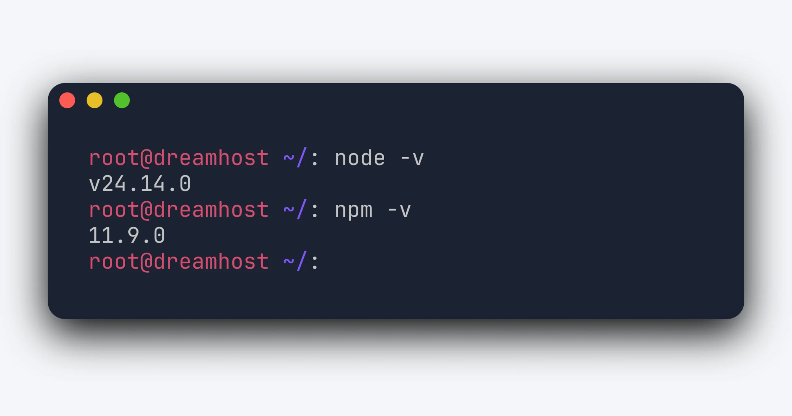 Terminal commands displaying Node.js version 24.14.0 and npm version 11.9.0 installed on DreamHost.