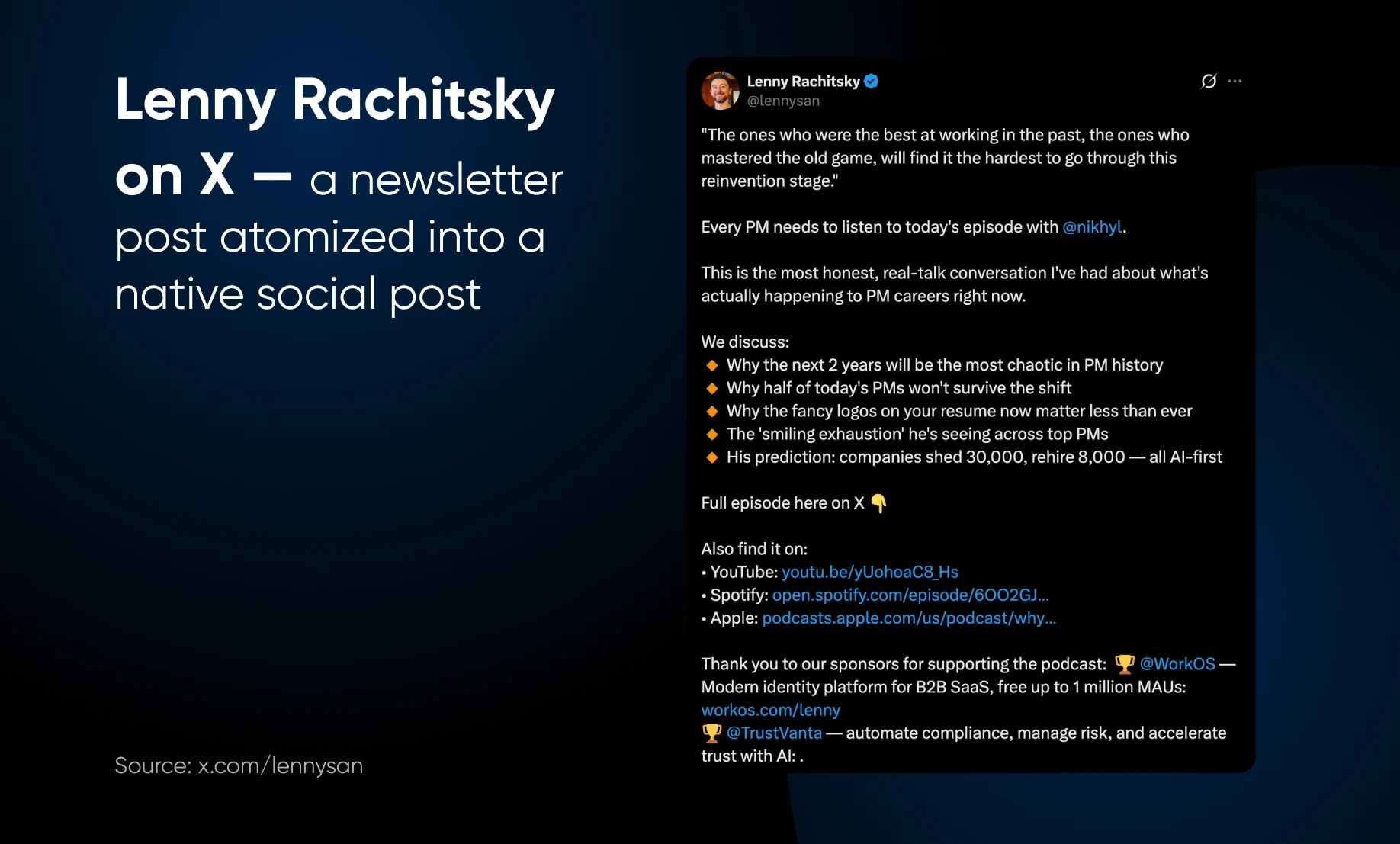 Screenshot of Lenny Rachitsky's X post about a newsletter atomized into native social post format, showing quote, discussion topics, and links to podcast platforms.