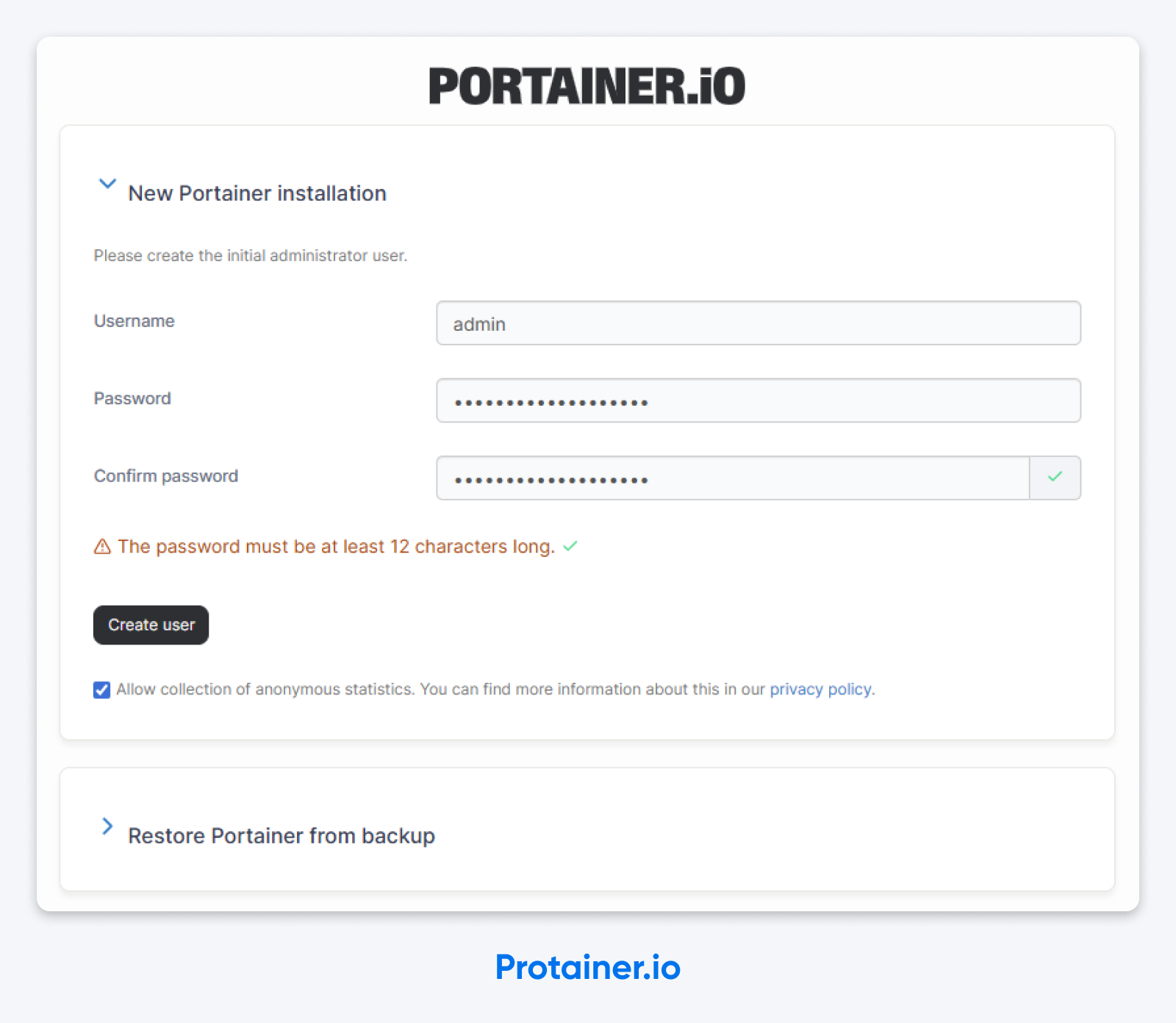 Portainer.io initial setup form for creating administrator account with username, password requiring minimum 12 characters, and optional statistics collection.