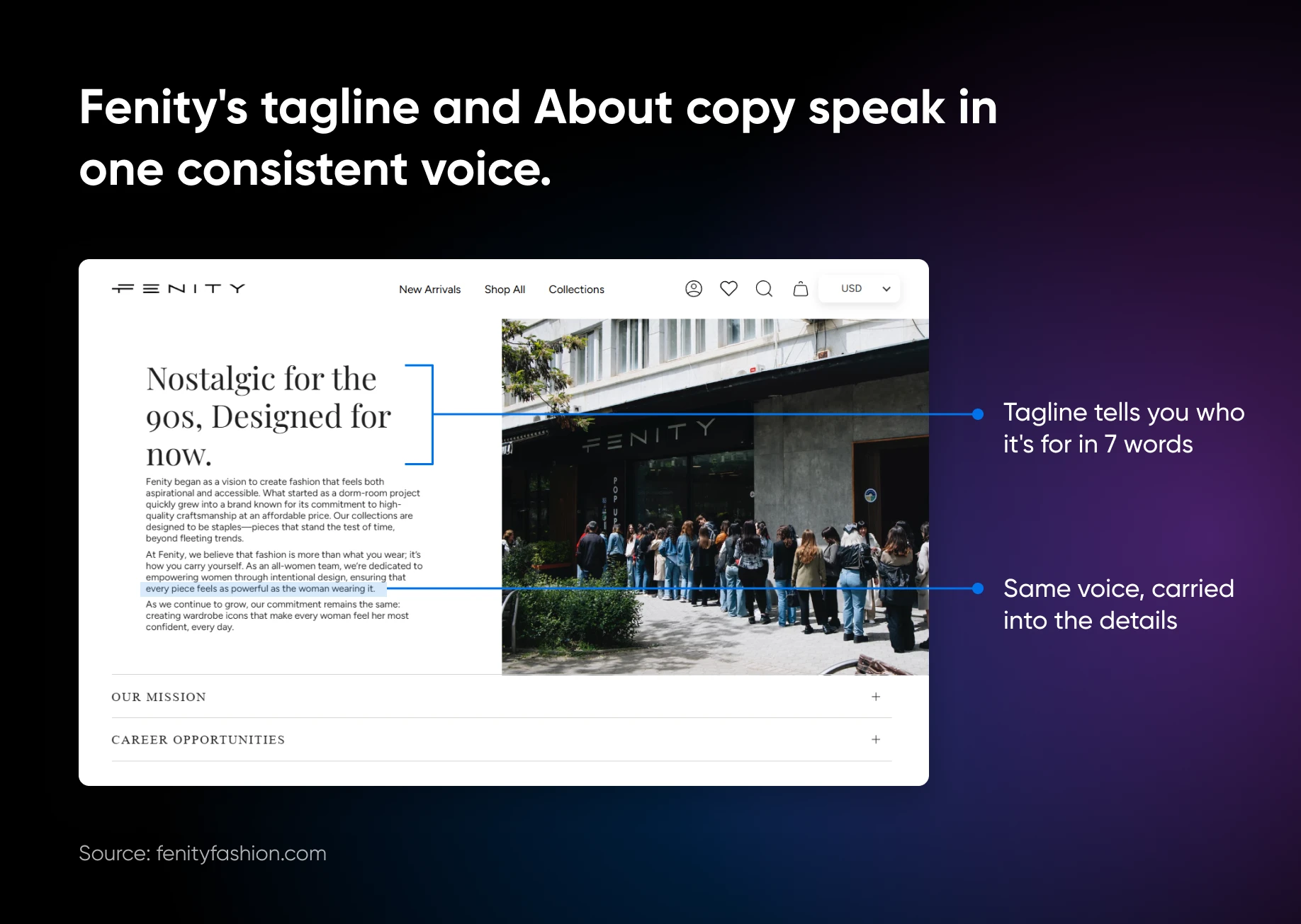Fenity website screenshot highlighting consistent brand voice between tagline and about copy.